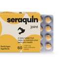 White background with a close up of a yellow and cream box of Seraquin Joint supplement. On the packet is a silhoutte of a dog and cat head with additional text 'A tasty tablet that helps to maintain your pet's joint health.'