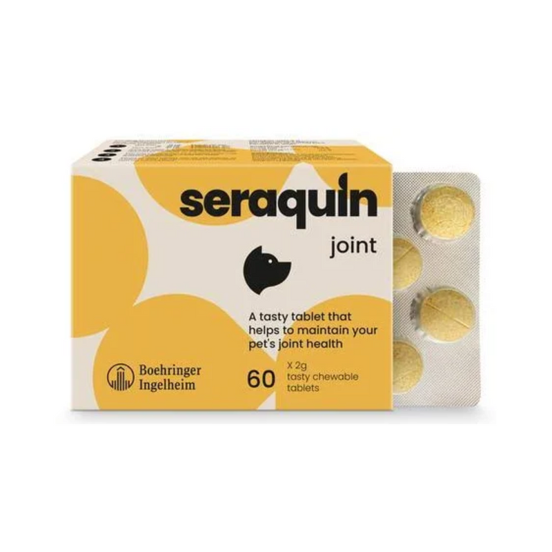 White background with a yellow and cream box of Seraquin Joint supplement. On the packet is a silhouette of a dog's head with additional text 'A tasty tablet that helps to maintain your pet's joint health.'