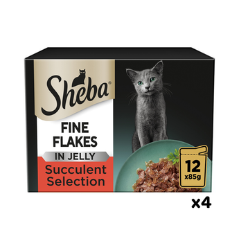 White background with a box of Sheba Fine Flakes Succulent Selection in jelly, pictured on the front is a British blue cat.