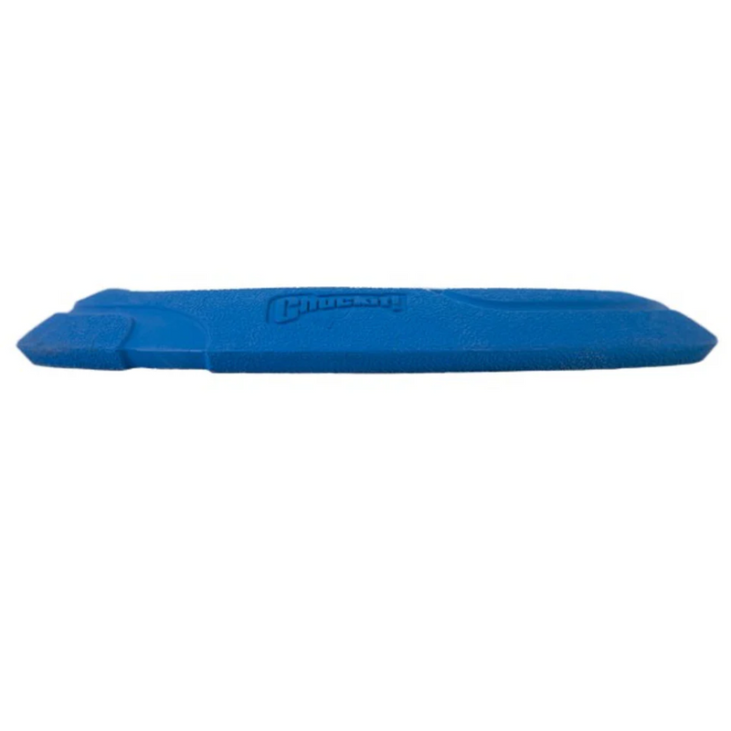 Side view of frisbee style toy with a blue rudder outer rim on a white background. 
