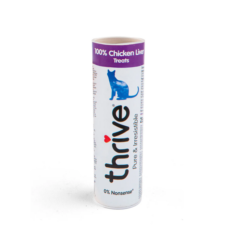 White background with a single tube of 'Thrive Pure & Irresistible' cat treats, text on tube also says '100% Chicken Liver, 0% Nonsense' with a silhouette of a cat pictured.  
