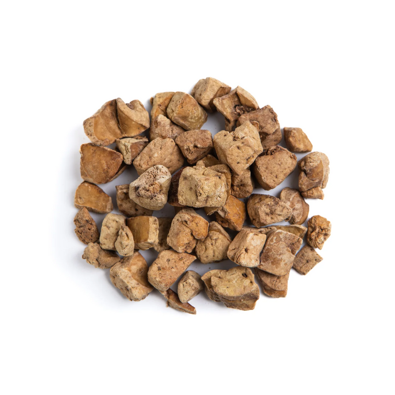 White background with freeze-dried chicken livers pictured. 
