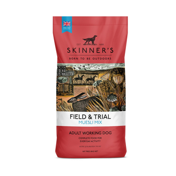A bag of Skinner's Field & Trial Muesli Mix dog food for adult working dogs, featuring a red packaging design with a central illustration of a hunting scene.