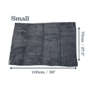 Grey microfibre pet cleaning towel laid out with measurements on either side indicting width 100cm, height 70cm. Above is the title 'Small' on a white background.