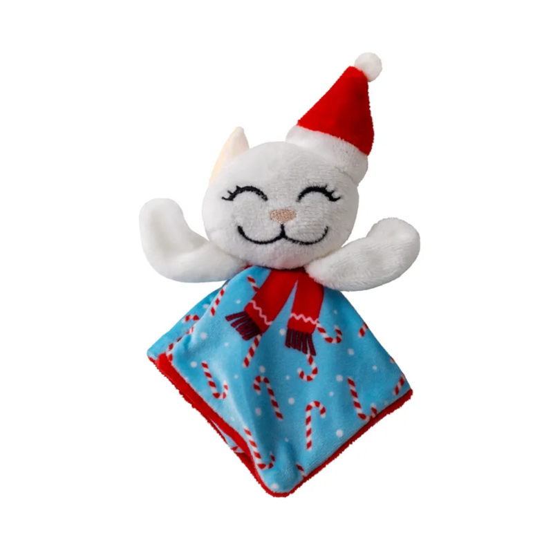 Plush kitty head with a floppy body in Christmas fabric wearing a Christmas hat and scarf pictured on a white background. 