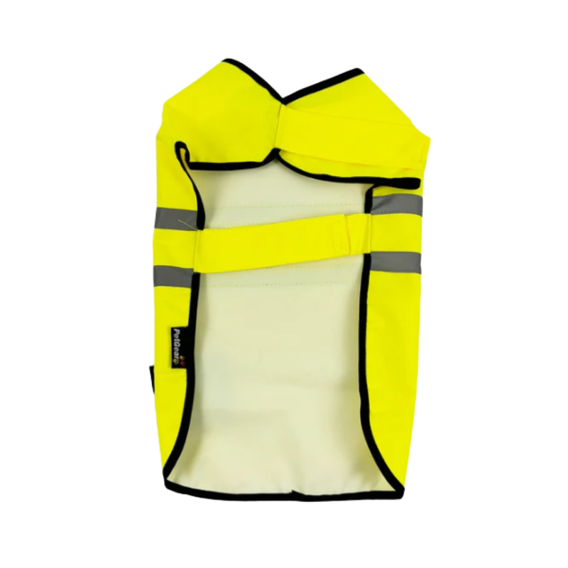 White background showing a High vis dog jacket with reflective strips and black trim which has fastened straps. 