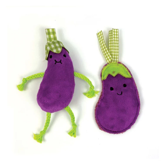 Two plush Aubergine-shaped cat toys on a white background, one standing and one sitting, both in purple with green tops and braided green limbs.