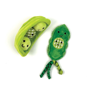 A plush cat toy set shaped like green peas in pods, photographed on a plain white background. One pod is open, showing three smiling pea characters inside, and the other is closed with a smiling pea face on the pod and ribbon-like stems below.