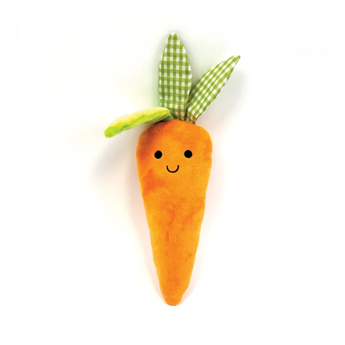 A plush carrot cat toy with an orange body, green and white gingham leaves, and a simple black embroidered smiley face, shown on a plain white background.