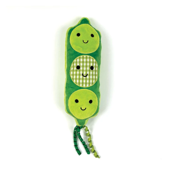 A green plush pea pod toy with three smiling faces and two dangling ribbon tails, photographed on a plain white background.