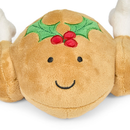 White background with a close up view of a plush dog toy roast turkey with a holly stitched on the top and stitched eyes and smile.