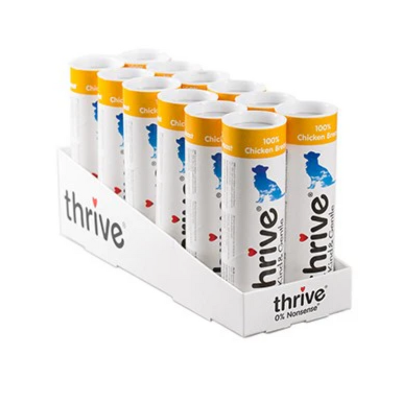 White background with a 12 pack of Thrive Kind & Gentle dog treats. 