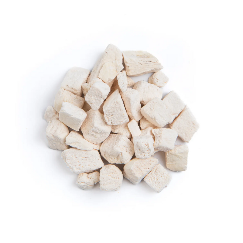 White background with freeze-dried chicken pictured. 