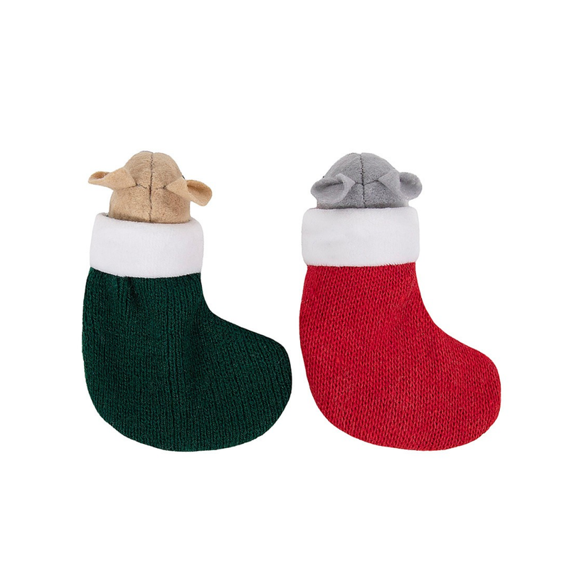 Two Catnip mice in stockings cat toys top view point; one mouse is grey in a red stocking and the other is brown in a green stocking. 