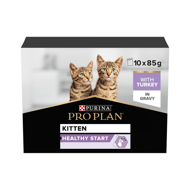 White background with a white and black box of Purina Pro Plan Kitten Healthy Start. Pictured on the box is an adult silver tabby cat. 