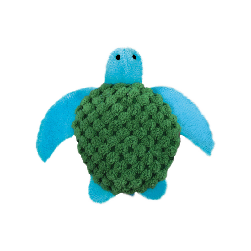 Blue turtle cat toy with a green waffle fabric shell, stitched eye details. Pictured on a white background.