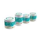 White background with four different sized tubs in a row of Vivinicord Dental Dog Chews. 