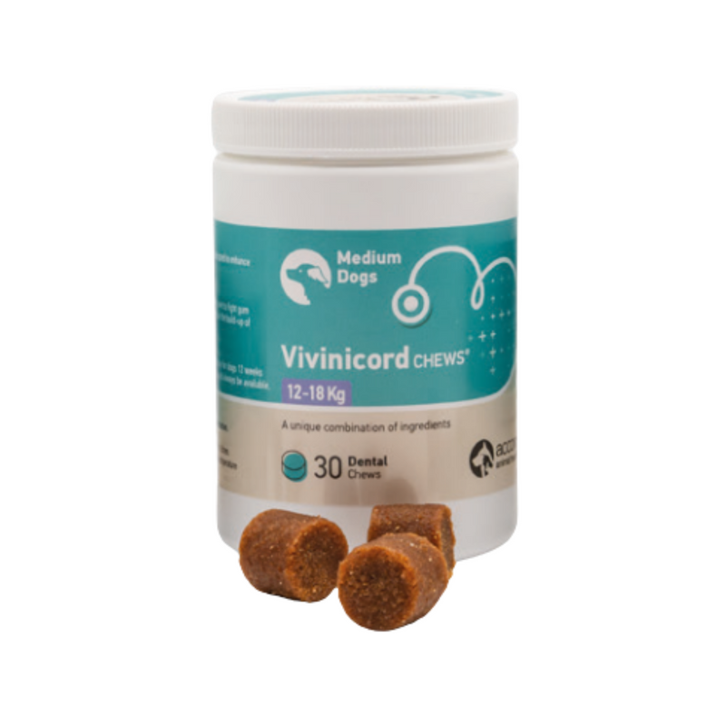 White background with a tub of Vivinicord Chews for 'Medium Dogs 12-18kg', '30 Dental chews' with 3 small dental chews pictured in the front of the tube. 