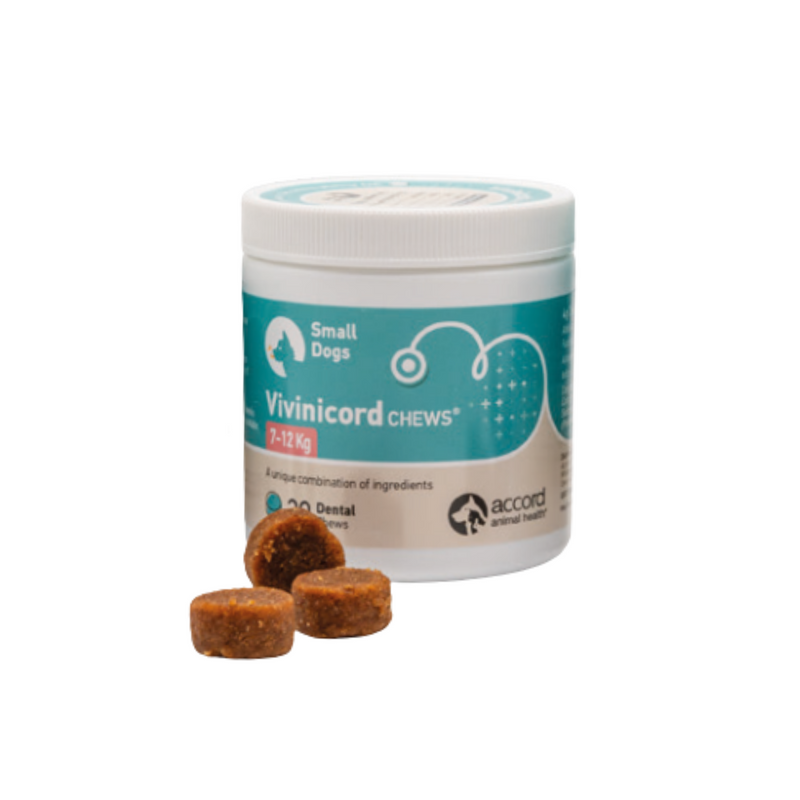 White background with a tub of Vivinicord Chews for 'Small Dogs 7-12kg', '30 Dental chews' with 3 small dental chews pictured in the front of the tube. 