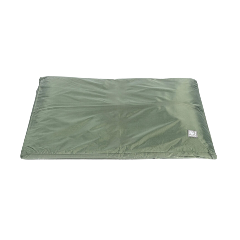 Front view of a pillow-type green waterproof dog bed. 