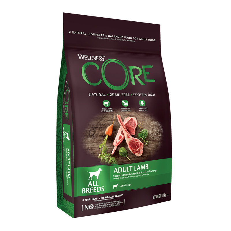 White background with a picture of a bag of Wellness CORE Lamb Dog Food. On the bag is pictures of lamb chops carrot and spinach. The text on the bag 'Wellness CORE, Natural, Grain Free, Protein-Rich' and 'Adult Lamb, All breeds, Lamb Recipe'. 