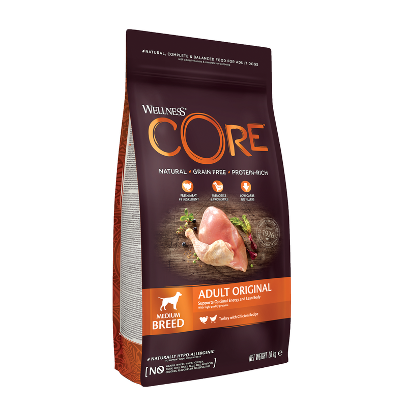 White background with a picture of a bag of Wellness CORE Original Dog Food. On the bag is pictures of chicken leg, turkey fillet, blueberries and a beet. The text on the bag 'Wellness CORE, Natural, Grain Free, Protein-Rich' and 'Adult, Medium breed, Original, Turkey with Chicken Recipe'. 