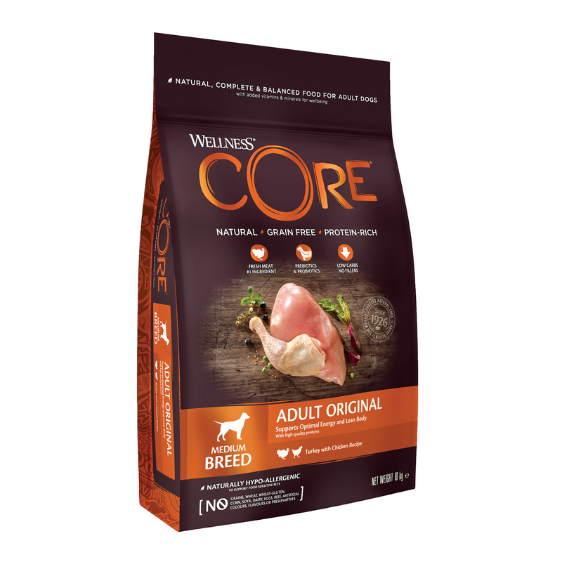 White background with a picture of a bag of Wellness CORE Original Dog Food. On the bag is pictures of chicken leg, turkey fillet, blueberries and a beet. The text on the bag 'Wellness CORE, Natural, Grain Free, Protein-Rich' and 'Adult, Medium breed, Original, Turkey with Chicken Recipe'. 