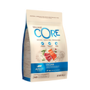 White background with a picture of a bag of Wellness CORE Sterilised Original Cat Food. On the bag is pictures of salmon fillet, tuna chunks, peas and cranberries. The text on the bag 'Wellness CORE, Natural, Grain Free, Protein-Rich' and 'Adult, All breeds, Ocean Salmon with Tuna Recipe'. 