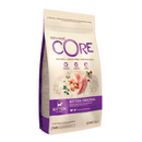 White background with a picture of a bag of Wellness CORE Original Kitten Food. On the bag is pictures of chicken breast, turkey chunks, peas and cranberries. The text on the bag 'Wellness CORE, Natural, Grain Free, Protein-Rich' and 'Kitten, All breeds, Kitten Original, Turkey and Chicken Recipe'. 