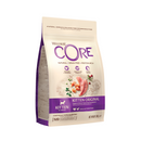 White background with a picture of a bag of Wellness CORE Original Kitten Food. On the bag is pictures of chicken breast, turkey chunks, peas and cranberries. The text on the bag 'Wellness CORE, Natural, Grain Free, Protein-Rich' and 'Kitten, All breeds, Kitten Original, Turkey and Chicken Recipe'. 
