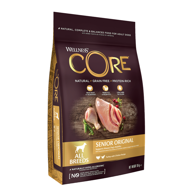 White background with a picture of a bag of Wellness CORE Original Dog Food. On the bag is pictures of chicken leg, turkey fillet, blueberries and a beet. The text on the bag 'Wellness CORE, Natural, Grain Free, Protein-Rich' and 'All breeds, Senior Original, Turkey with Chicken Recipe'. 