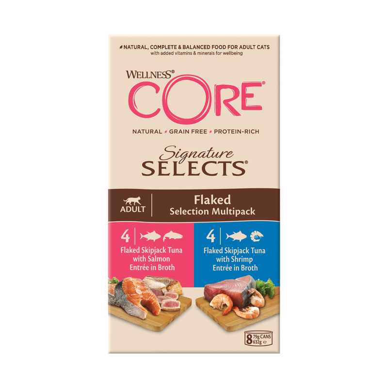 White background with a picture of a box of Wellness CORE Signature Selects wet cat food. The box is cream with text stating 'Wellness CORE, Natural, Grain Free, Protein-Rich, Signature Selects, Flaked Selection Multipack, Adult, 4x Flaked Skipjack Tuna with Salmon Entrée in Broth, 4x Flaked Skipjack Tuna with Shrimp Entrée in Broth' with a picture with a bowl of wet food below. 