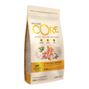White background with a picture of a bag of Wellness CORE Sterilised Original Cat Food. On the bag is pictures of chicken breast, turkey chunks, peas and cranberries. The text on the bag 'Wellness CORE, Natural, Grain Free, Protein-Rich' and 'Adult, All breeds, Sterilised Original'. 