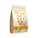 White background with a picture of a bag of Wellness CORE Sterilised Original Cat Food. On the bag is pictures of chicken breast, turkey chunks, peas and cranberries. The text on the bag 'Wellness CORE, Natural, Grain Free, Protein-Rich' and 'Adult, All breeds, Sterilised Original'. 