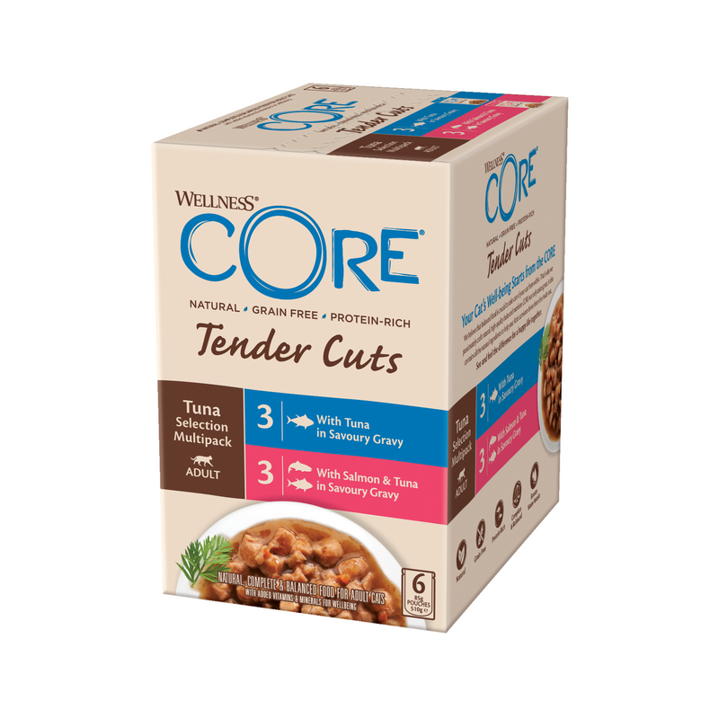 White background with a picture of a  side view of a box of Wellness CORE Tender Cuts wet cat food. The box is cream with text stating 'Wellness CORE, Natural, Grain Free, Protein-Rich, Tender Cuts, Tuna Selection Multipack, Adult, 3x With Tuna in savoury gravy, 3x With Salmon & Tuna in savoury gravy' with a picture with a bowl of wet food below. 