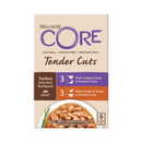 White background with a picture of a box of Wellness CORE Tender Cuts wet cat food. The box is cream with text stating 'Wellness CORE, Natural, Grain Free, Protein-Rich, Tender Cuts, Turkey Selection Multipack, Adult, 3x with Turkey & Duck in savoury gravy, 3x With Chicken & Turkey in savoury gravy' with a picture with a bowl of wet food below. 
