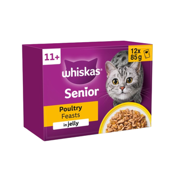 White background with a purple box of Whiskas Poultry Feasts, on the box is silver tabby cat in front of a bowl on food. Text on the pack reads 'Whiskas, 11+ years, Poultry Feasts, in Jelly, 12x85g'.