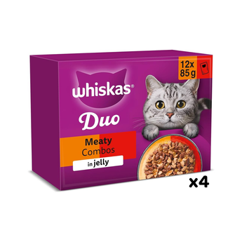 White background with a purple box of Whiskas Meaty Combos, on the box is silver tabby cat in front of a bowl on food. Text on the pack reads 'Whiskas, 1+ years,  Meaty Combos, in Jelly, 12x85g'