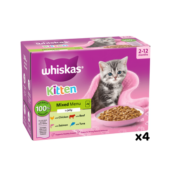 White background with a purple box of Whiskas Mixed Menu, on the box is silver tabby kitten in front of a bowl on food. Text on the pack reads 'Whiskas, 2-12months, Mixed Menu, in Jelly, 12x85g'