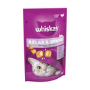 White background with a purple packet of Whiskas Relax & Unwind Treats, on the packet is silver tabby cat's face under a purple blanket. Text on the pack reads 'Whiskas Relax & Unwind, with Relaxing amino acid for calmness.' 