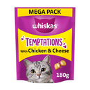 White background with a purple packet of Whiskas Temptations, on the packet is silver tabby cat's face at the bottom of the packet and a yellow band at the top says 'Mega Pack'. Text on the pack reads 'Whiskas Temptations, with Chicken & Cheese, 180g.'