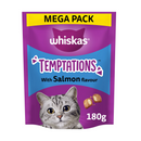 White background with a purple packet of Whiskas Temptations, on the packet is silver tabby cat's face at the bottom of the packet and a yellow band at the top says 'Mega Pack'. Text on the pack reads 'Whiskas Temptations, with Salmon flavour, 180g.'