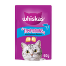 White background with a purple packet of Whiskas Temptations, on the packet is silver tabby cat's face at the bottom of the packet. Text on the pack reads 'Whiskas Temptations, with Salmon Flavour, 60g.'