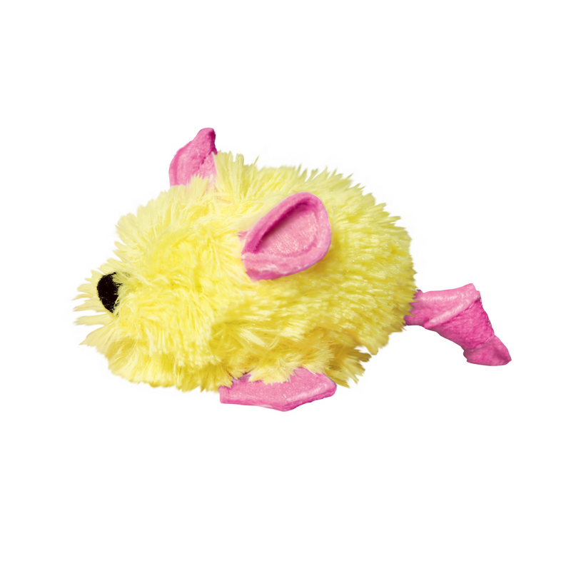 Fluffy yellow mouse cat toy with a black nose with pink ears, tail and feet on a white background. 