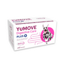 White background with a larger box of YuMove Digestive care plus for dogs and cats. On the packet is a Dalmatian jumping out of a pink circle. Additional text on the box reads 'Our fast-acting, high-strength formula to help firm stools.' 
