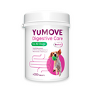 White background with a bottle of YuMove Digestive care for All Dogs . On the packet is a Beagle jumping out of a pink circle. Additional text on the bottle reads 'Scientifically proven probiotics and prebiotics to help maintain a healthy gut.'