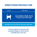 White background with blue text in sections, 'Directions for Daily Use, For an average 4-5kg cat, mix 1ml with food daily. For smaller cats use 4 drops per kg of body weight.' Text below reads 'Just add to your cat's food or drop into a clean bowl. Premium blend of natural, cold pressed Omega-3 and 6 oils for a healthy skin and coat'