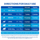 White background with blue text in sections, 'Directions for Daily Use' below is a detailed guide of dog dosage based on the dog's weight. Additional text reads: Helps to reduce excess moulting and nourish and replenish dry skin in 3-6 weeks.' 
