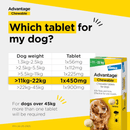 Advantage Chewable tablet packaging with dosage chart for dogs