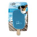 Blue ice lolly plush dog toy pictured on cardboard backing which has a Jack Russell dog with sunglasses on. Packaging text says 'Blueberry Ice Cream' and 'soak in water' pictured on a white background. 